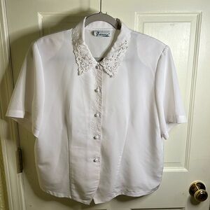 Joanna White Short-Sleeve Button Down Blouse With Eyelet and Pearl Details